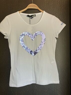 LOVE MOSCHINO White Lightweight Tee with Purple Sequin Heart Size L NWT